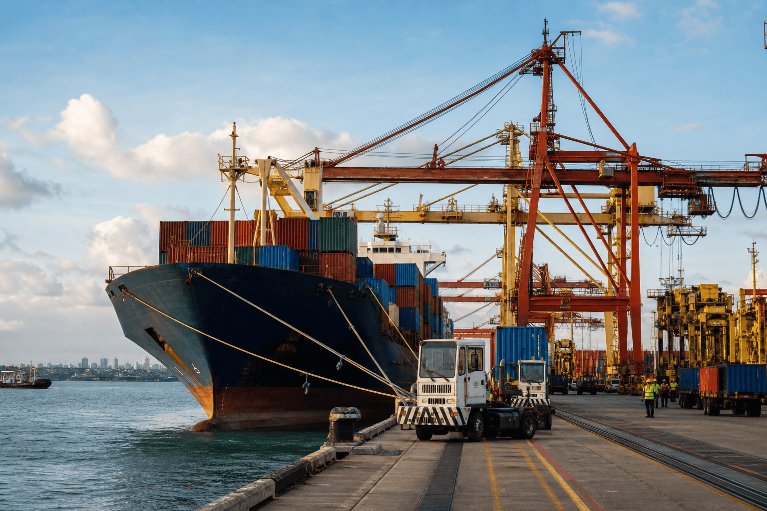 Container ship docked at Australian port terminal