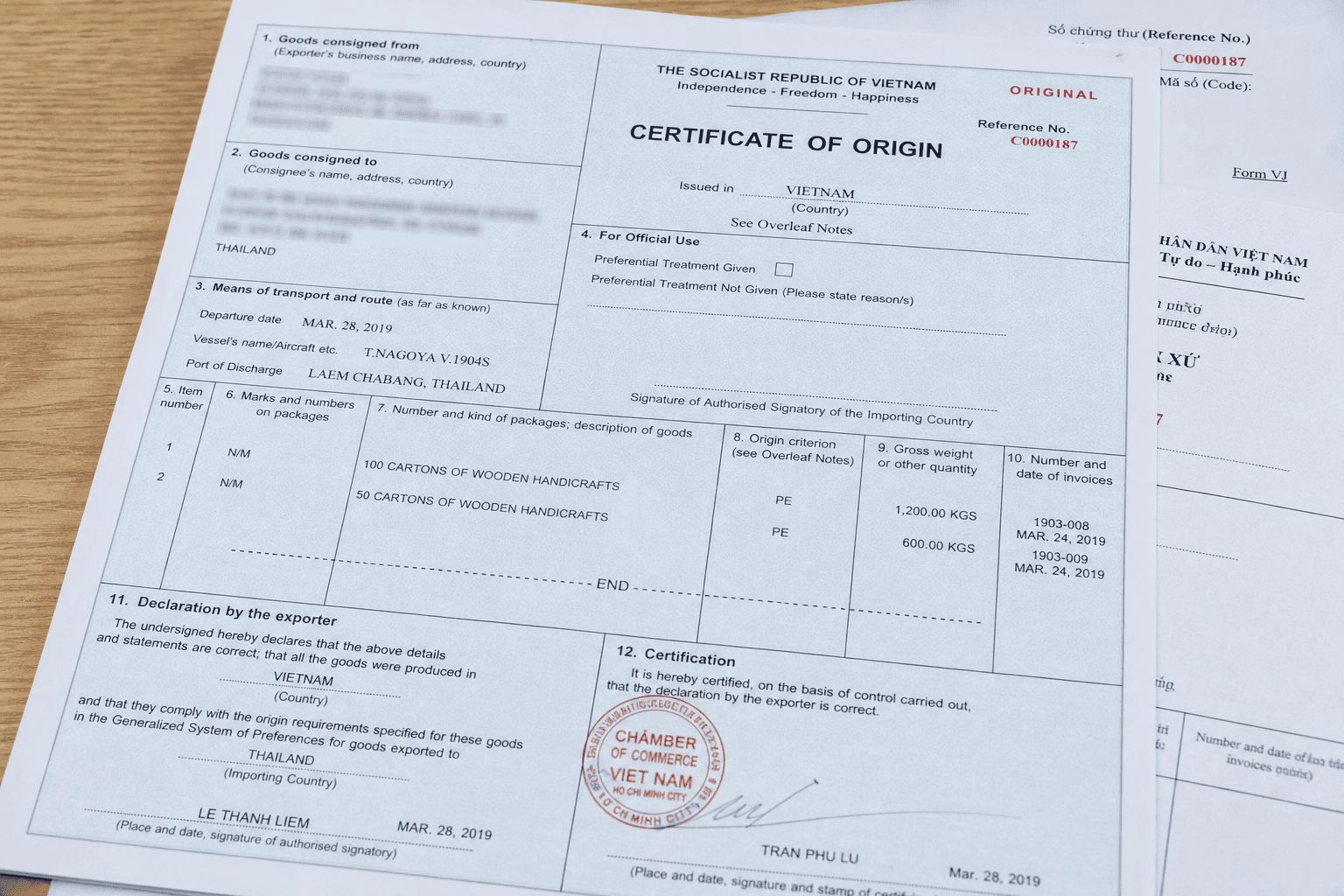 Official certificate of origin document with official stamps for international trade