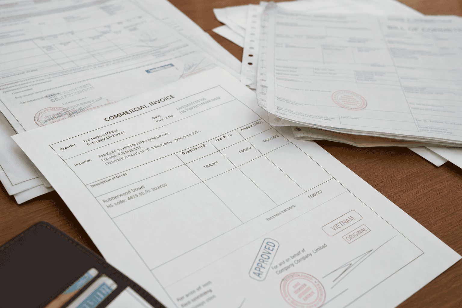 Commercial invoice and trade documents with stamps and signatures