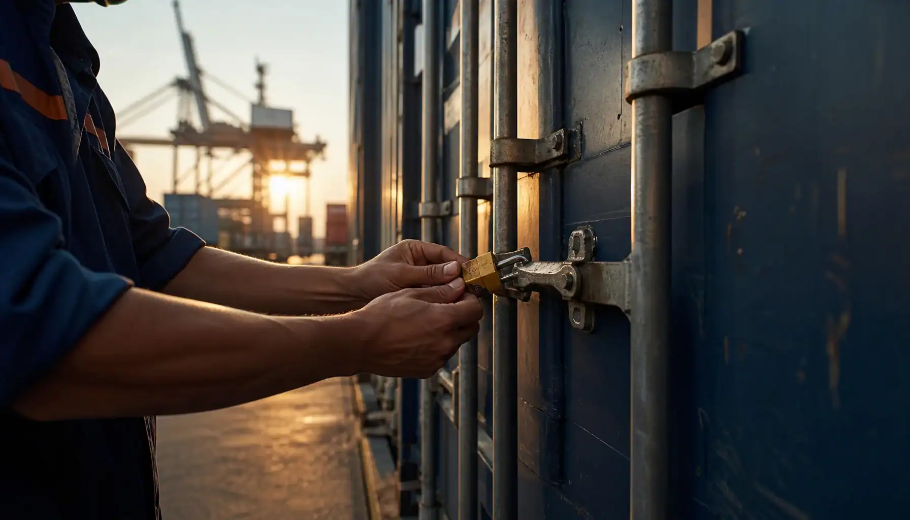 Customs seal being applied to shipping container at Vietnamese warehouse