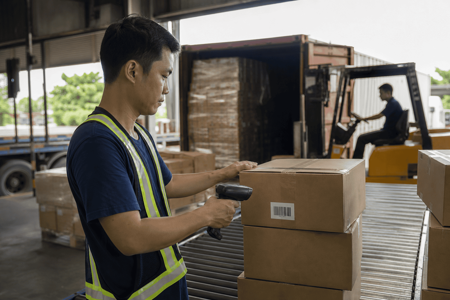 Warehouse worker scanning imported goods from Vietnam