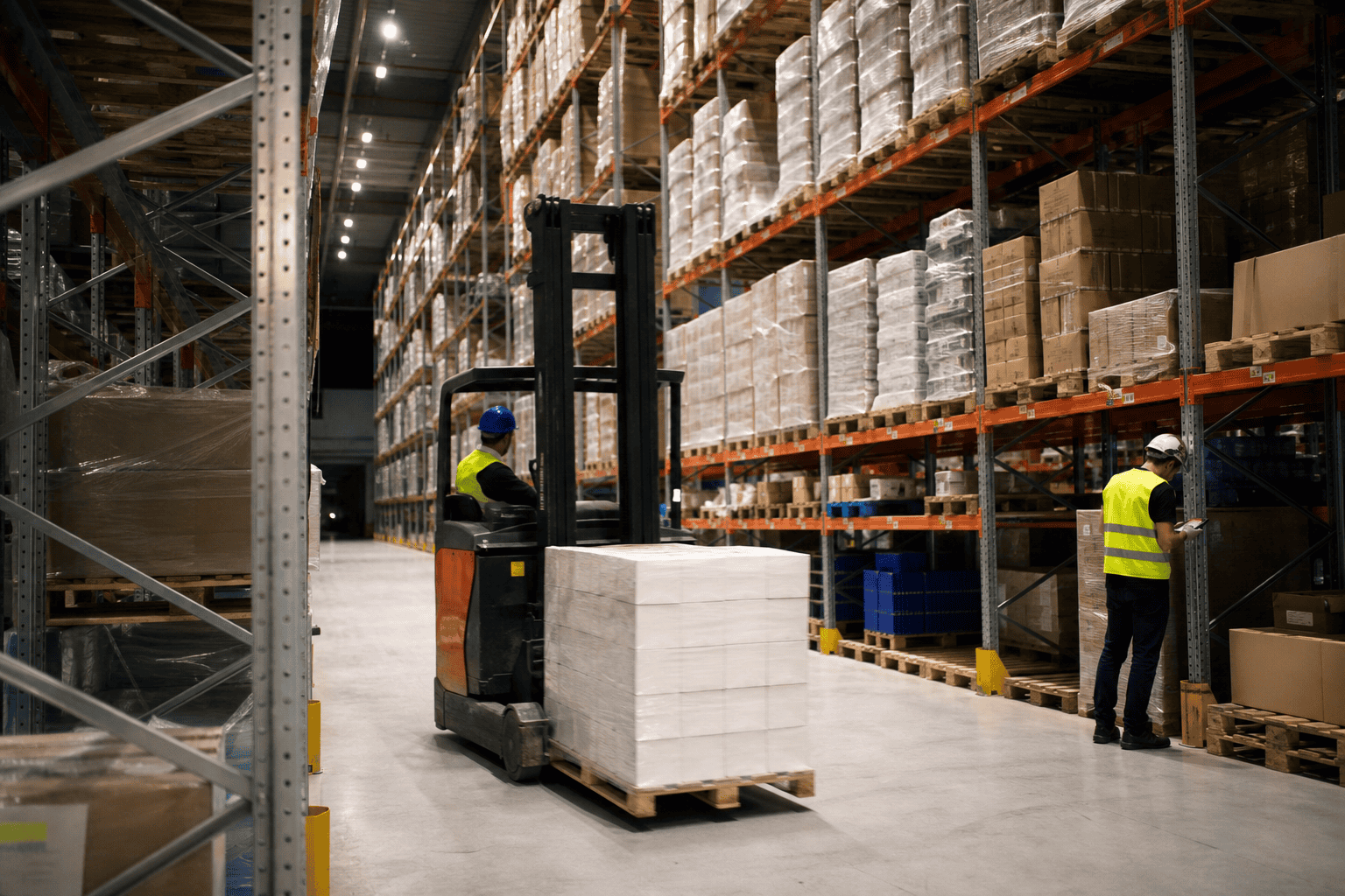 Industrial warehouse interior showing organized storage racks and inventory management systems